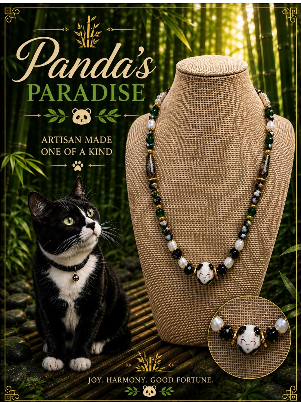 Panda's Paradise Glass, Pearl, and Cloisonné Handcrafted Necklace